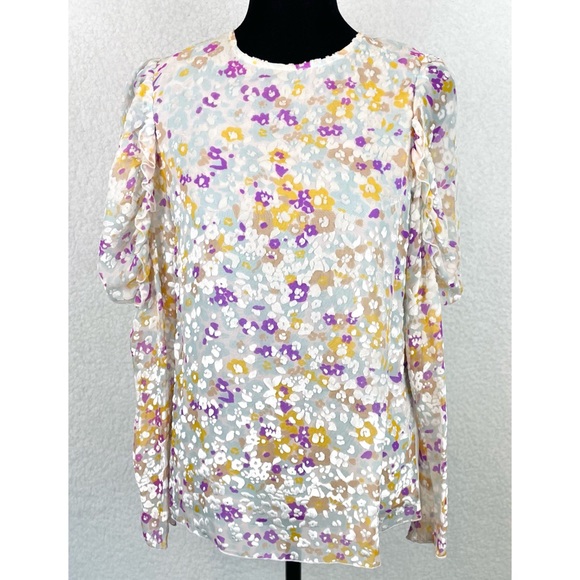 SEE BY CHLOÉ • Multicolor Floral Velvet Burnout Ruffle Long Sleeve Silk Blouse - Picture 5 of 16